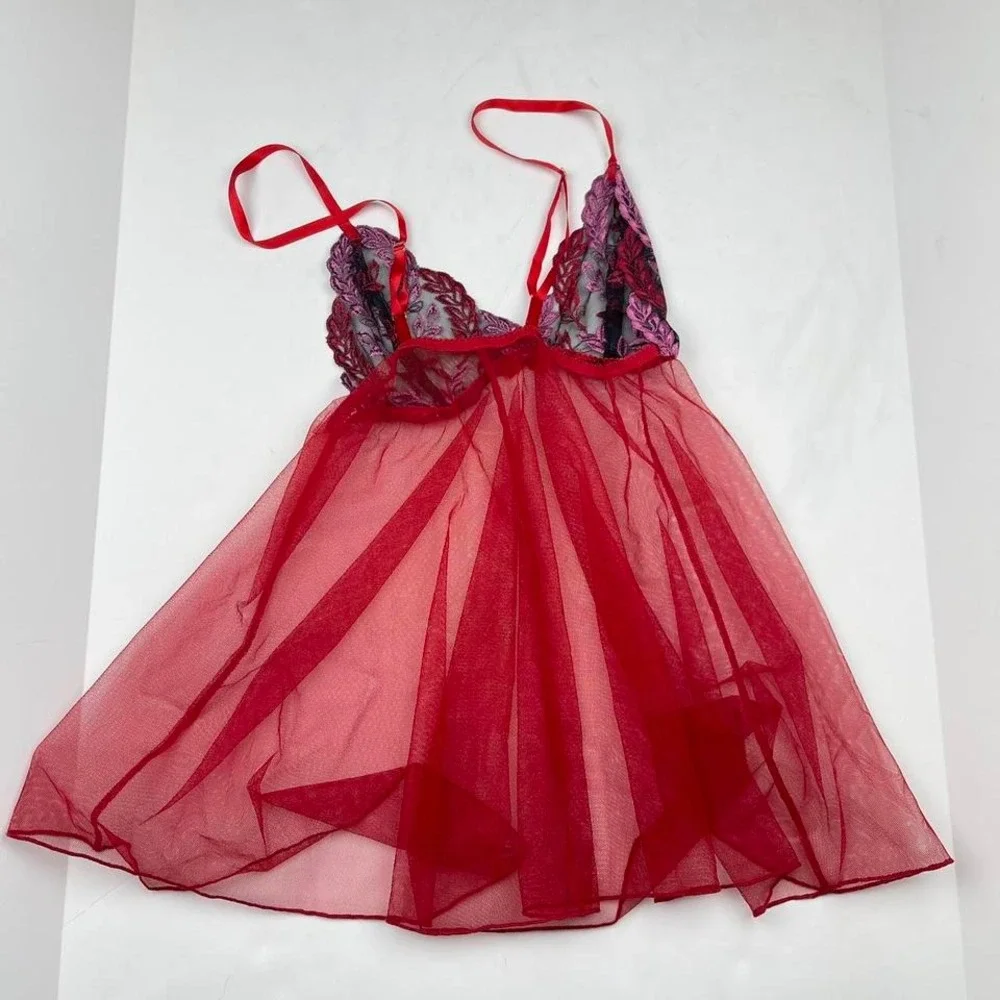 Y2K Sheer‎ Babydoll Lingerie Top in Red Floral Bows Mesh Women's Small Valentine